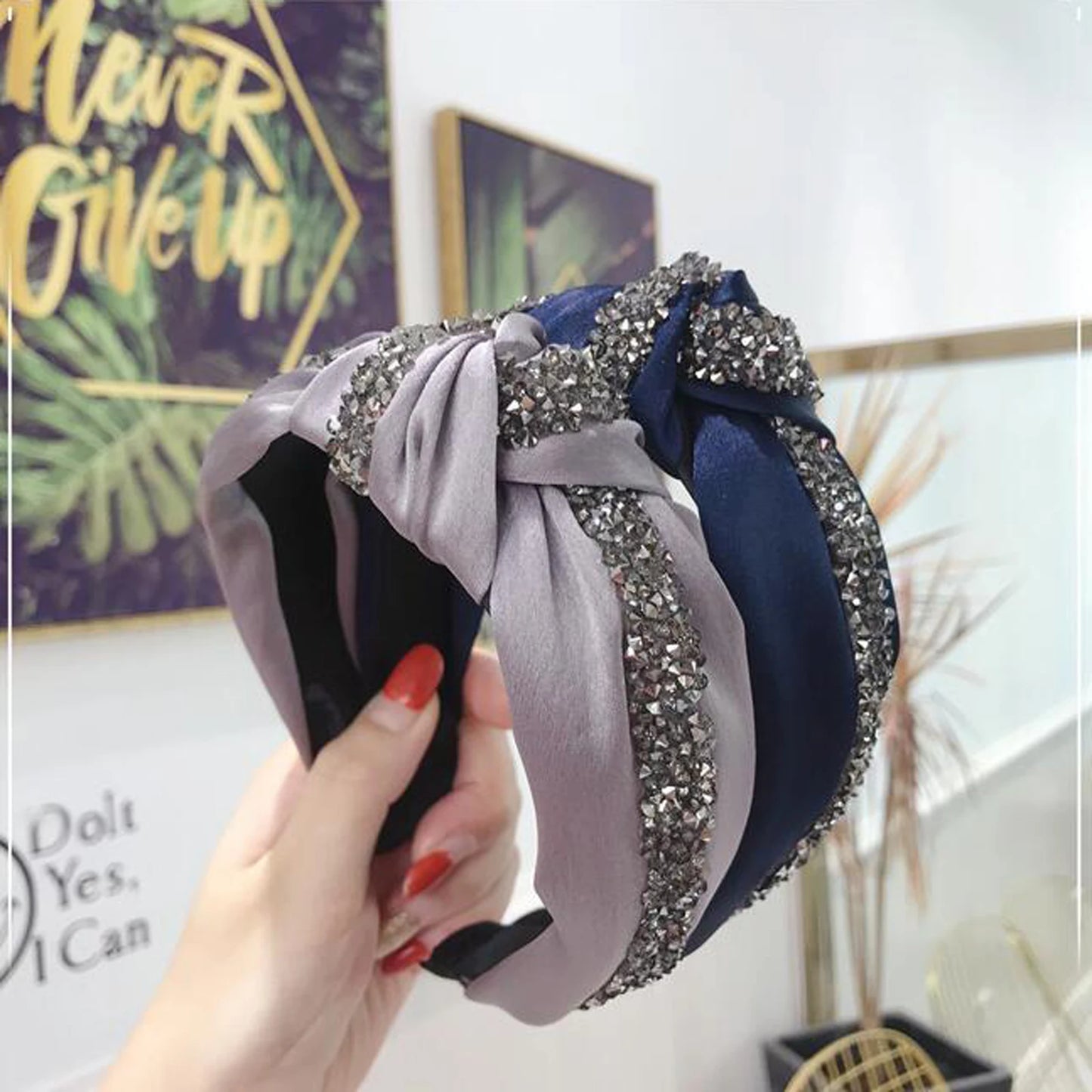 New Fashion Rhinestone Hairband Women Solid Wide Side Headband Middle Knot Turban Girls Autumn Winter Hair Accessories Headwear