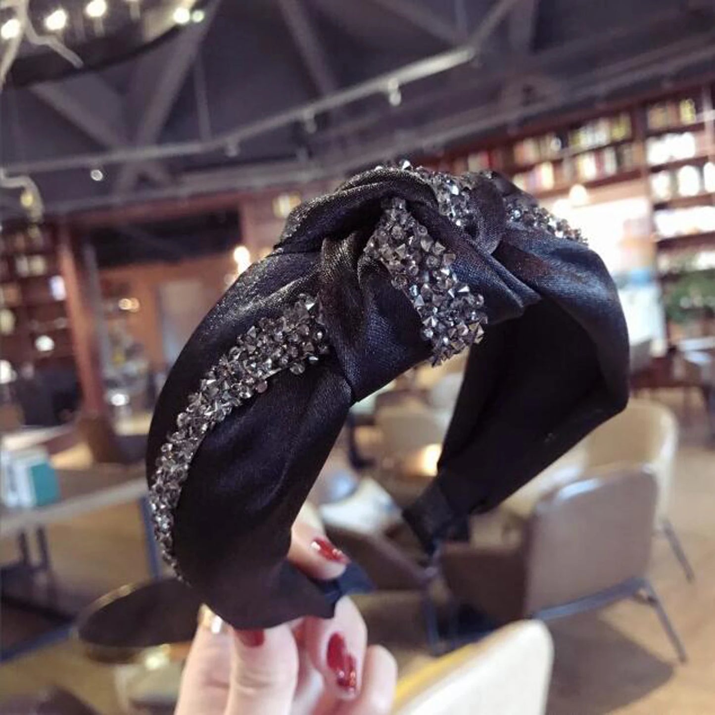 New Fashion Rhinestone Hairband Women Solid Wide Side Headband Middle Knot Turban Girls Autumn Winter Hair Accessories Headwear