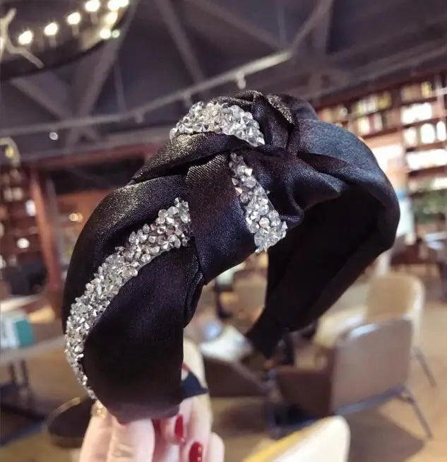 New Fashion Rhinestone Hairband Women Solid Wide Side Headband Middle Knot Turban Girls Autumn Winter Hair Accessories Headwear