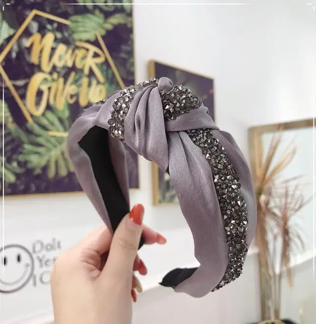 New Fashion Rhinestone Hairband Women Solid Wide Side Headband Middle Knot Turban Girls Autumn Winter Hair Accessories Headwear