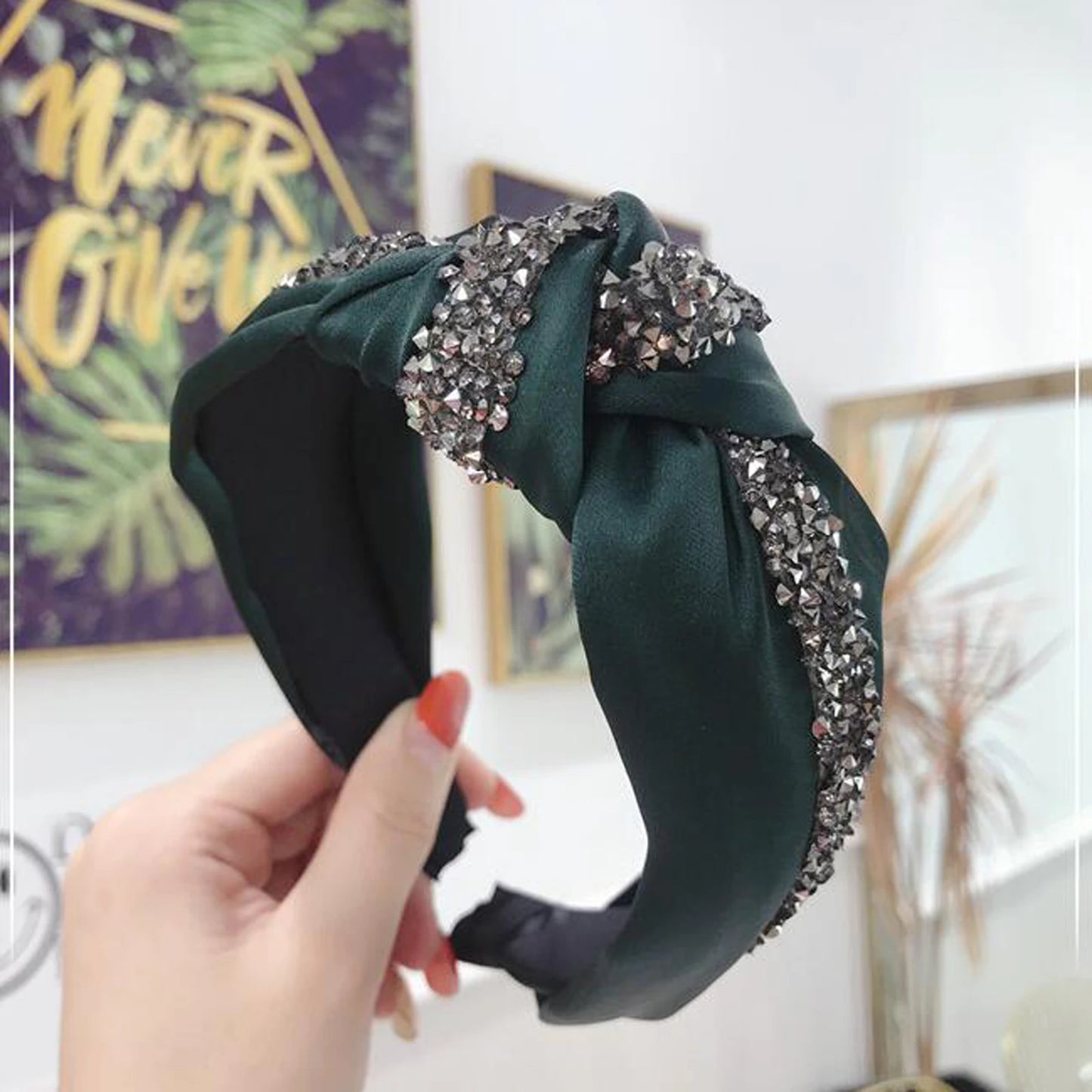 New Fashion Rhinestone Hairband Women Solid Wide Side Headband Middle Knot Turban Girls Autumn Winter Hair Accessories Headwear