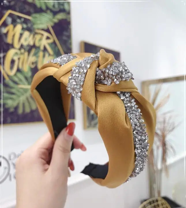 New Fashion Rhinestone Hairband Women Solid Wide Side Headband Middle Knot Turban Girls Autumn Winter Hair Accessories Headwear