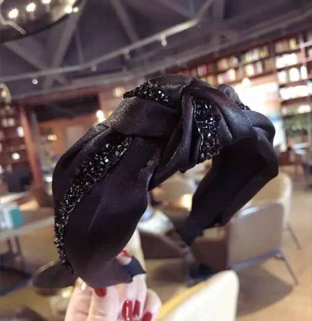 New Fashion Rhinestone Hairband Women Solid Wide Side Headband Middle Knot Turban Girls Autumn Winter Hair Accessories Headwear