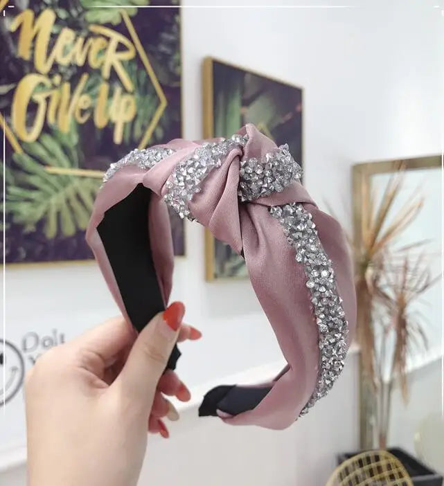 New Fashion Rhinestone Hairband Women Solid Wide Side Headband Middle Knot Turban Girls Autumn Winter Hair Accessories Headwear
