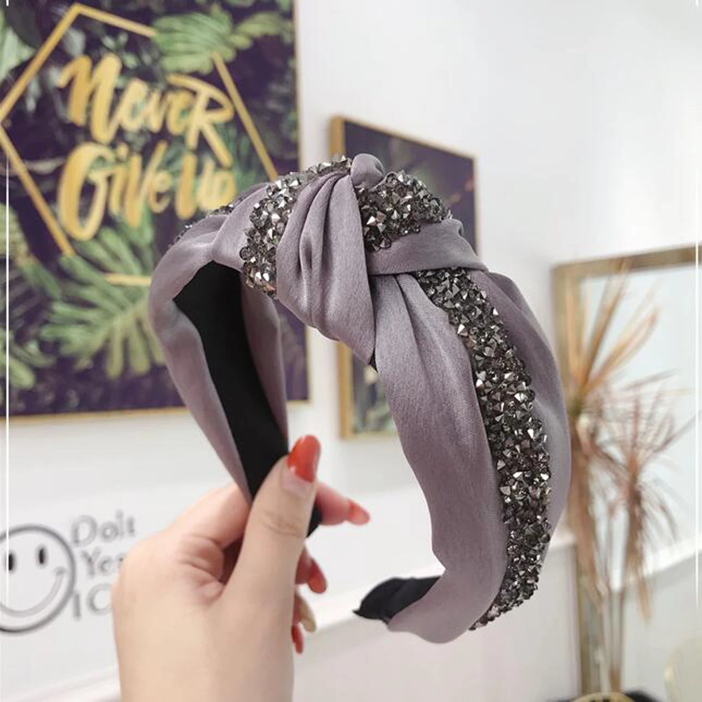 New Fashion Rhinestone Hairband Women Solid Wide Side Headband Middle Knot Turban Girls Autumn Winter Hair Accessories Headwear
