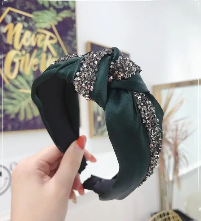 New Fashion Rhinestone Hairband Women Solid Wide Side Headband Middle Knot Turban Girls Autumn Winter Hair Accessories Headwear