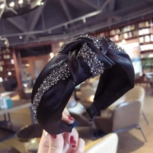 New Fashion Rhinestone Hairband Women Solid Wide Side Headband Middle Knot Turban Girls Autumn Winter Hair Accessories Headwear