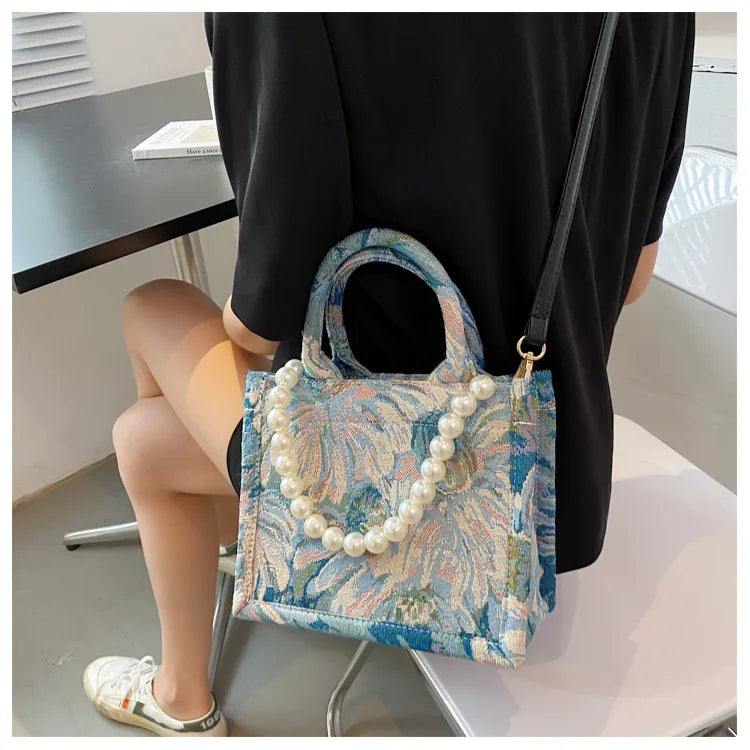 Unusual Design Denim Handbags for Women New Luxury Woman Canvas Tote Bag Pearl Bead Decorated Diagonal Cross bag Femme