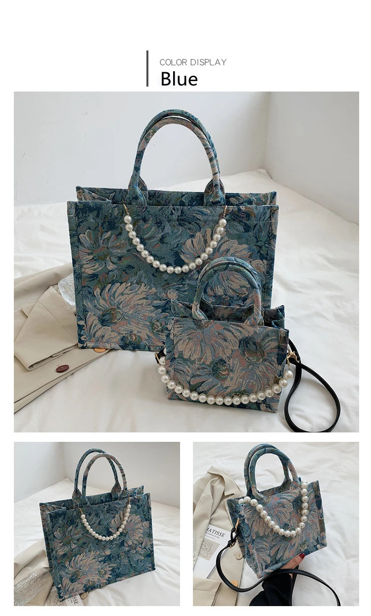 Unusual Design Denim Handbags for Women New Luxury Woman Canvas Tote Bag Pearl Bead Decorated Diagonal Cross bag Femme