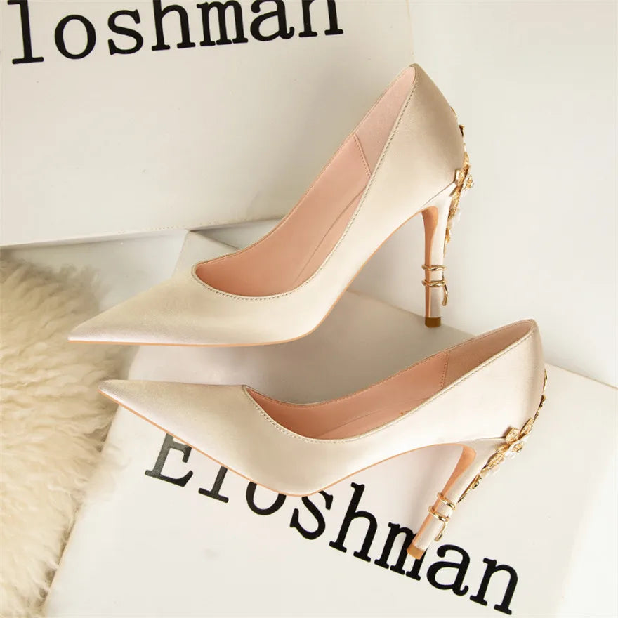 Luxury Metal Flowers Heel Crystal Bridal Shoes For Women Pointed Soft Silk Dress Shoe Shallow Sexy High Heels Pumps Female Party