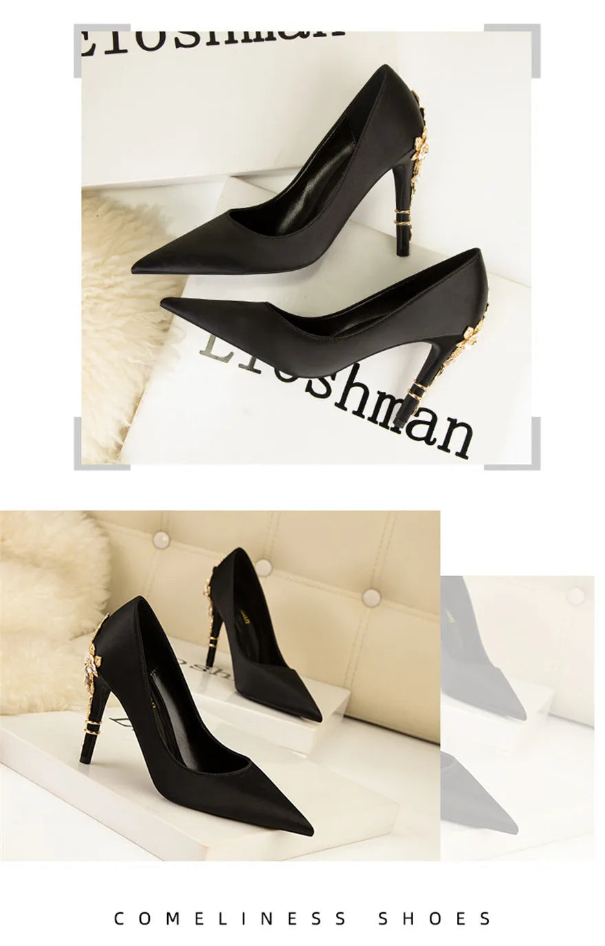 Luxury Metal Flowers Heel Crystal Bridal Shoes For Women Pointed Soft Silk Dress Shoe Shallow Sexy High Heels Pumps Female Party