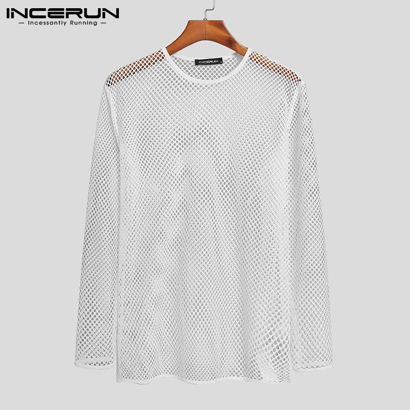 INCERUN Men T Shirt Mesh Transparent O-neck Long Sleeve T-shirts Sexy Streetwear Fashion Party Nightclub Men Clothing S-5XL