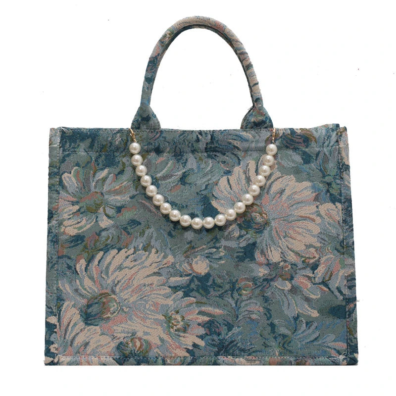 Unusual Design Denim Handbags for Women New Luxury Woman Canvas Tote Bag Pearl Bead Decorated Diagonal Cross bag Femme