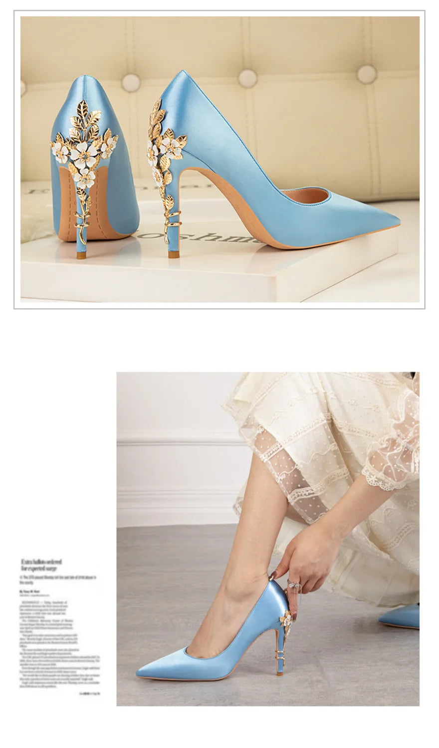 Luxury Metal Flowers Heel Crystal Bridal Shoes For Women Pointed Soft Silk Dress Shoe Shallow Sexy High Heels Pumps Female Party