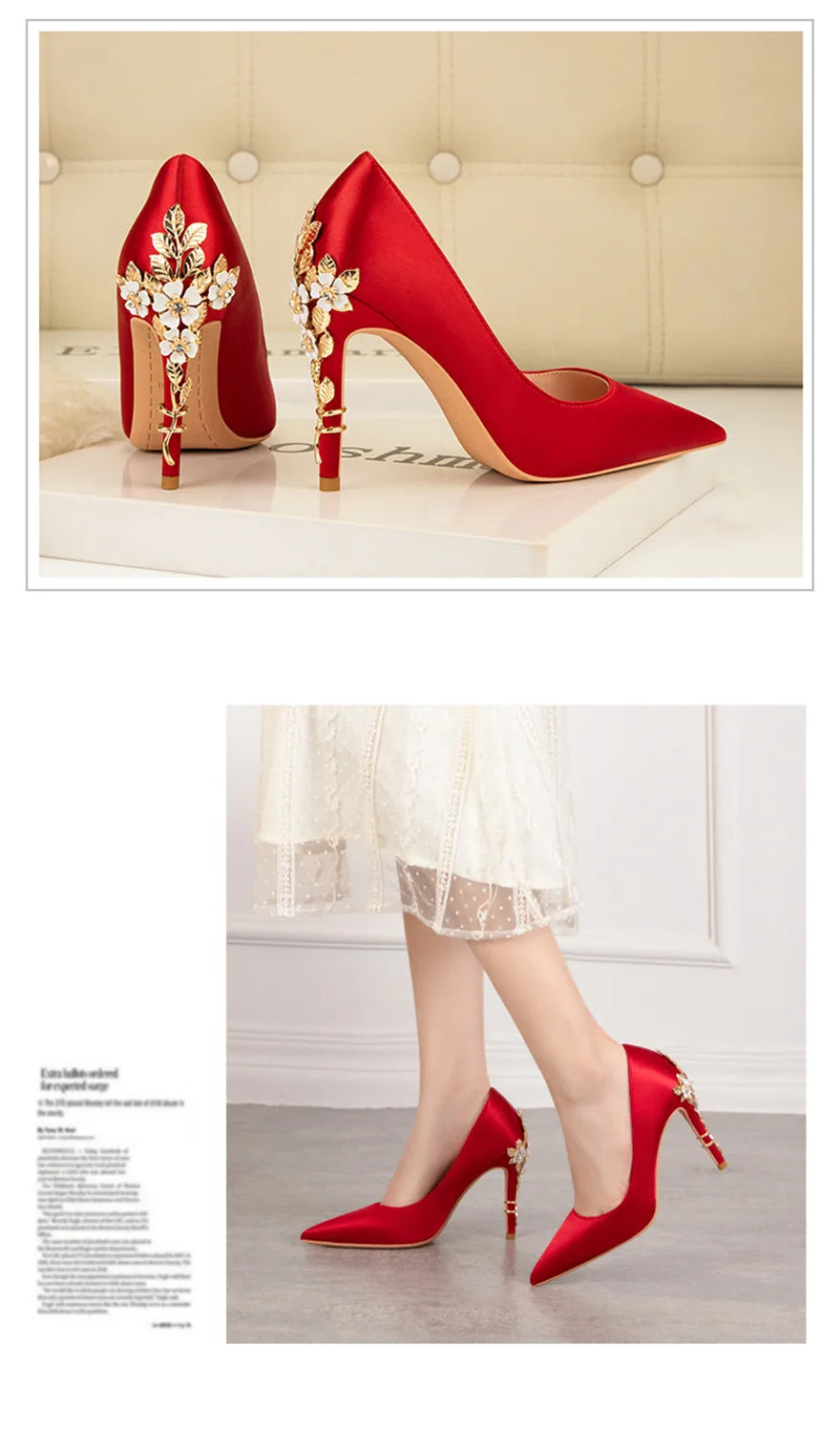 Luxury Metal Flowers Heel Crystal Bridal Shoes For Women Pointed Soft Silk Dress Shoe Shallow Sexy High Heels Pumps Female Party