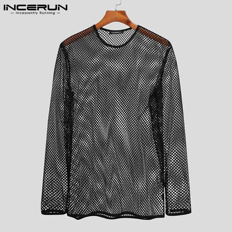 INCERUN Men T Shirt Mesh Transparent O-neck Long Sleeve T-shirts Sexy Streetwear Fashion Party Nightclub Men Clothing S-5XL