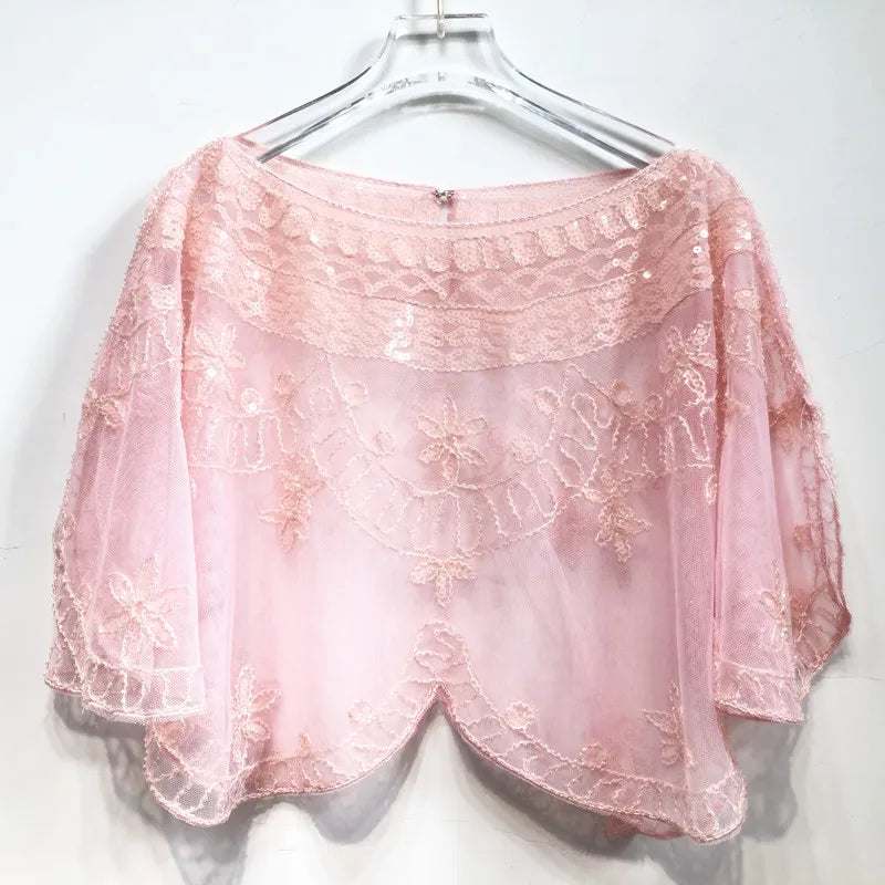 Elegant Baroque Sequin Embroidery Shawl - 1920s Flapper Party Cover Up - Solid Color & Breathable Mesh