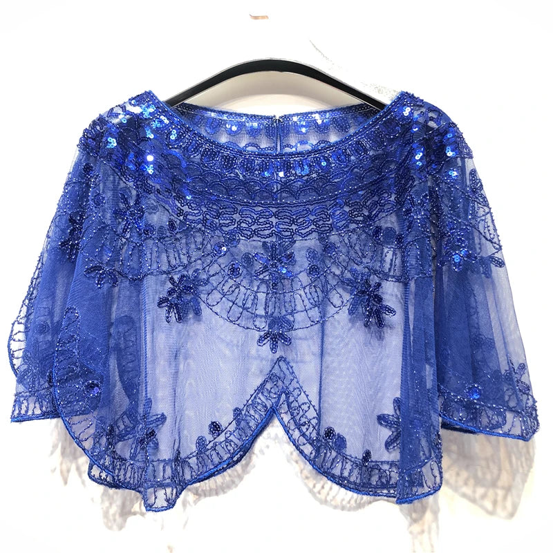 Elegant Baroque Sequin Embroidery Shawl - 1920s Flapper Party Cover Up - Solid Color & Breathable Mesh