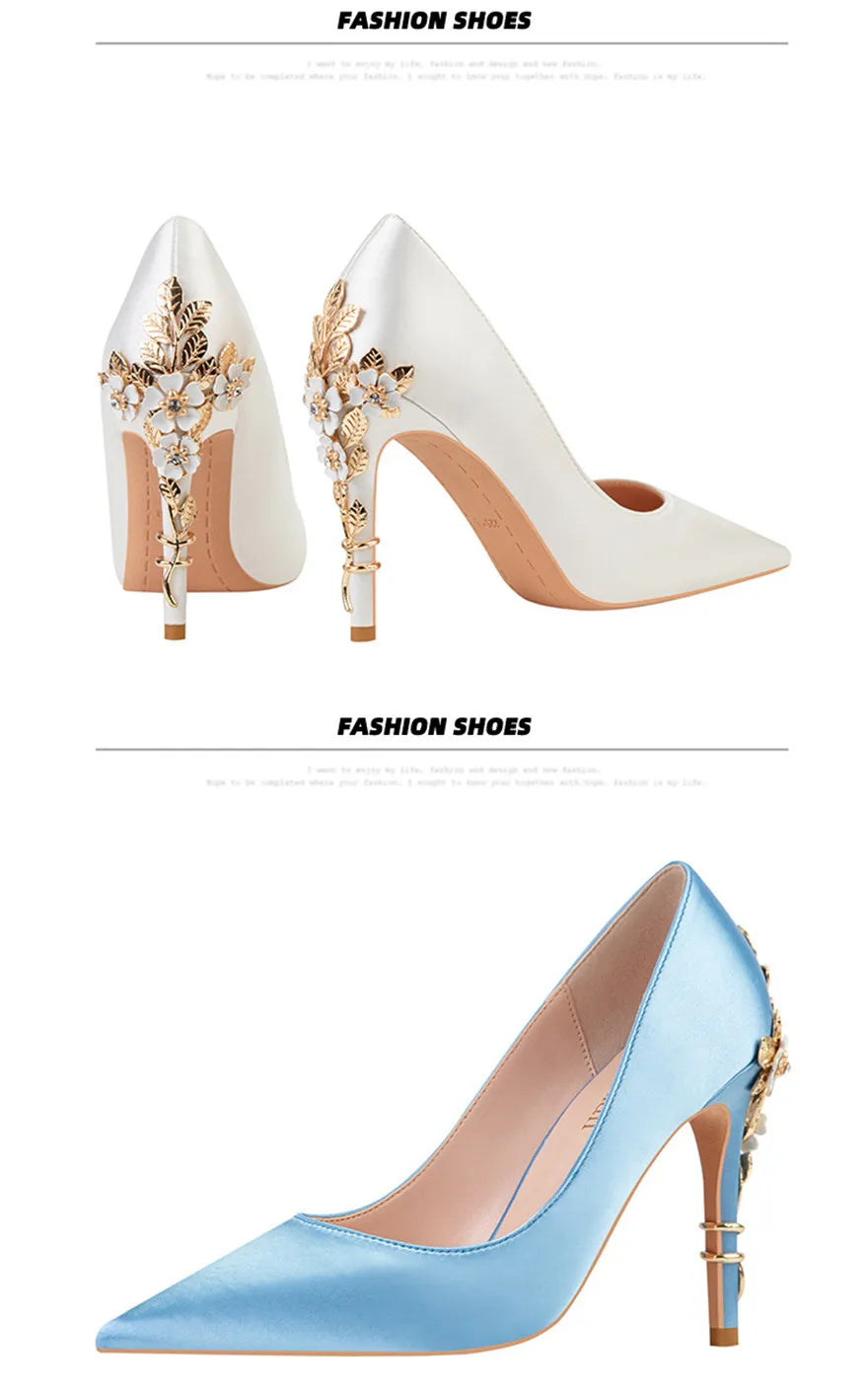 Luxury Metal Flowers Heel Crystal Bridal Shoes For Women Pointed Soft Silk Dress Shoe Shallow Sexy High Heels Pumps Female Party