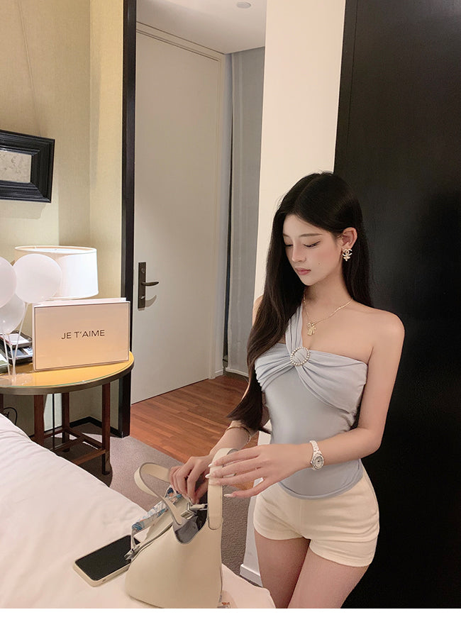 Oblique Shoulder Strap Early Autumn Stylish Short Silm Tube Top