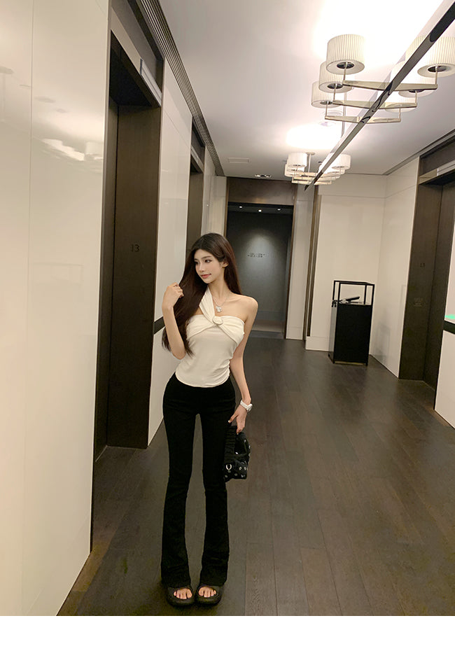 Oblique Shoulder Strap Early Autumn Stylish Short Silm Tube Top