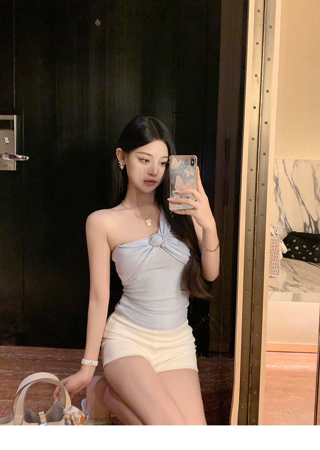 Oblique Shoulder Strap Early Autumn Stylish Short Silm Tube Top