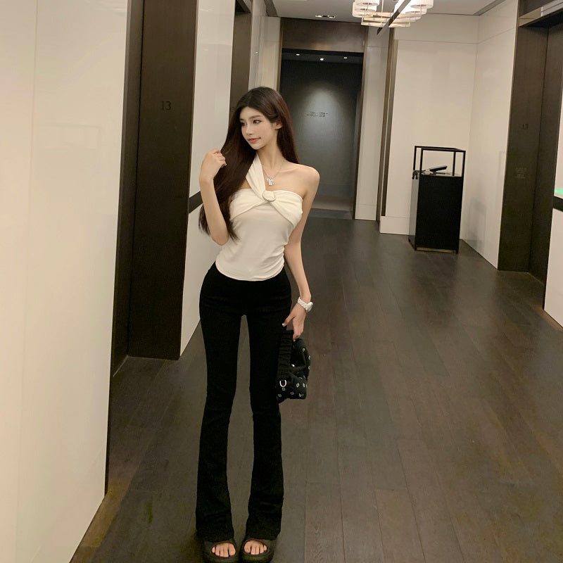 Oblique Shoulder Strap Early Autumn Stylish Short Silm Tube Top