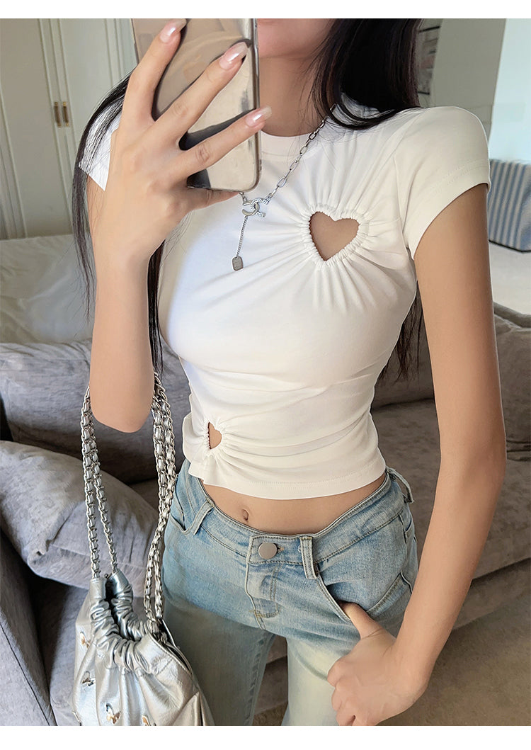 Cut Out Niche Style slim round Neck Top T-shirt with Short Sleeves for woman