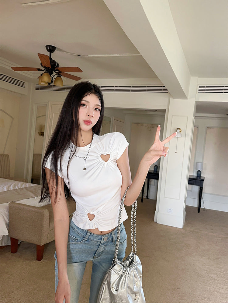 Cut Out Niche Style slim round Neck Top T-shirt with Short Sleeves for woman
