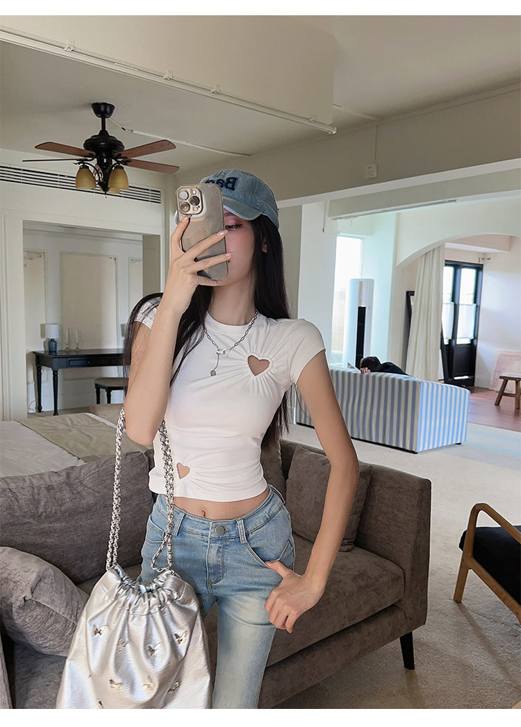 Cut Out Niche Style slim round Neck Top T-shirt with Short Sleeves for woman