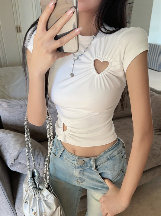 Cut Out Niche Style slim round Neck Top T-shirt with Short Sleeves for woman