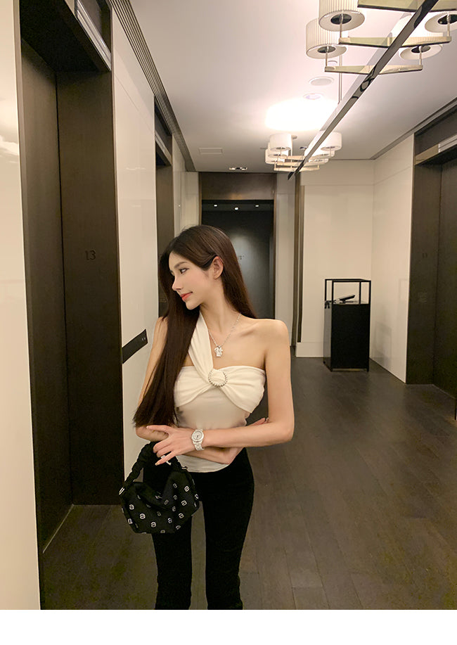 Oblique Shoulder Strap Early Autumn Stylish Short Silm Tube Top