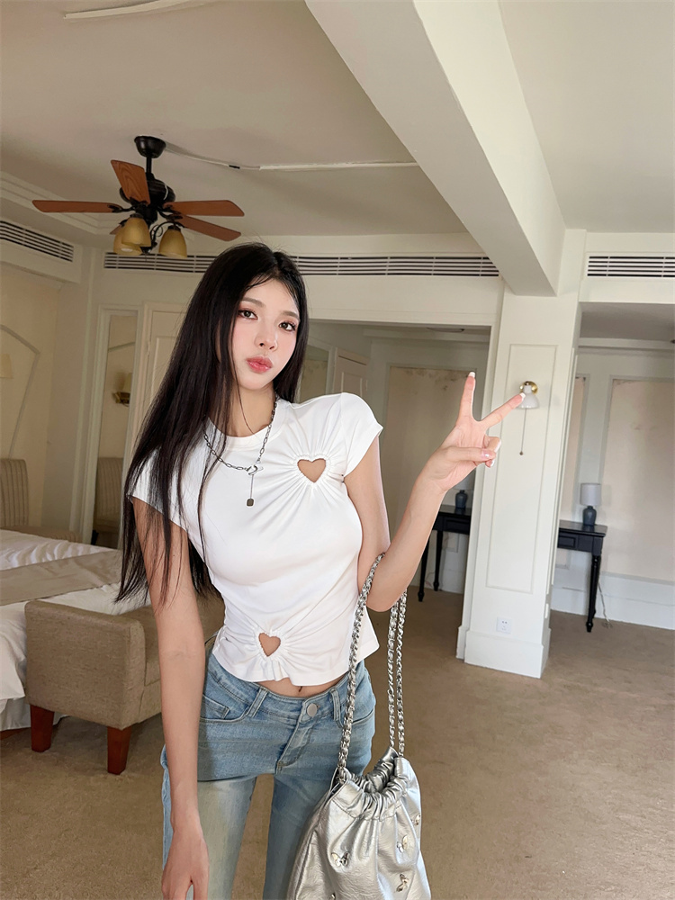 Cut Out Niche Style slim round Neck Top T-shirt with Short Sleeves for woman