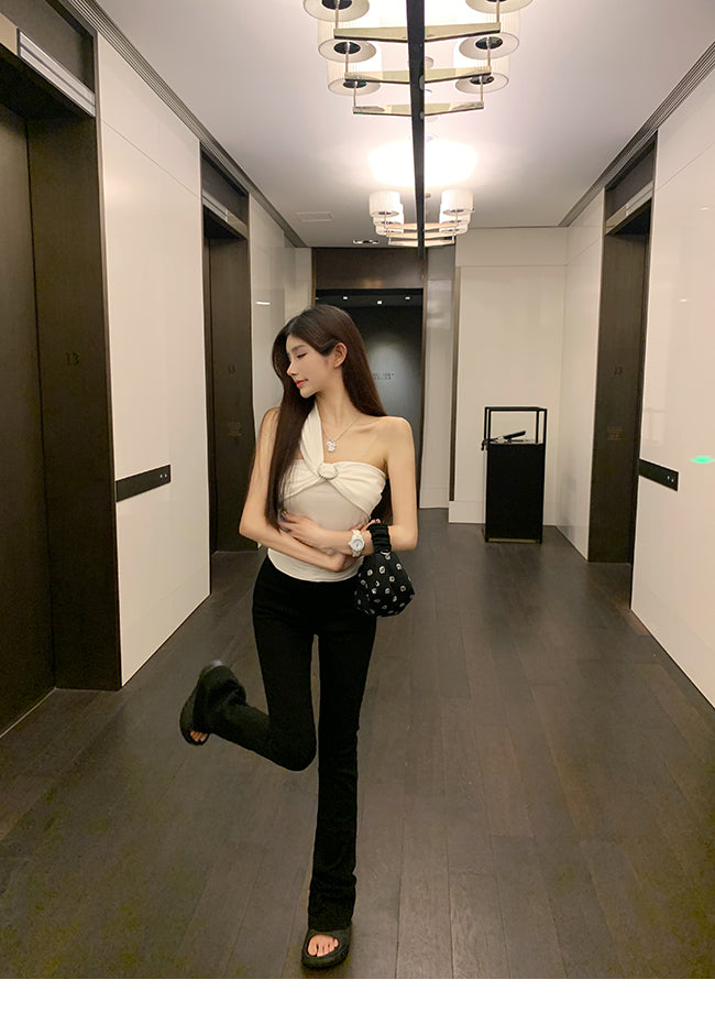 Oblique Shoulder Strap Early Autumn Stylish Short Silm Tube Top