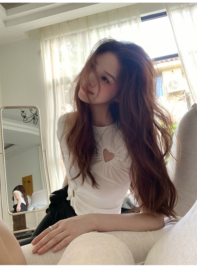 Cut Out Niche Style slim round Neck Top T-shirt with Short Sleeves for woman