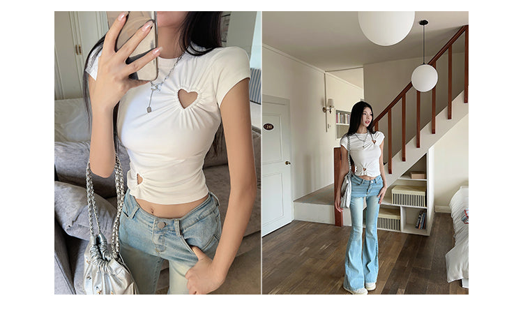 Cut Out Niche Style slim round Neck Top T-shirt with Short Sleeves for woman