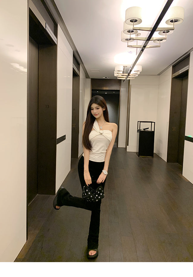 Oblique Shoulder Strap Early Autumn Stylish Short Silm Tube Top
