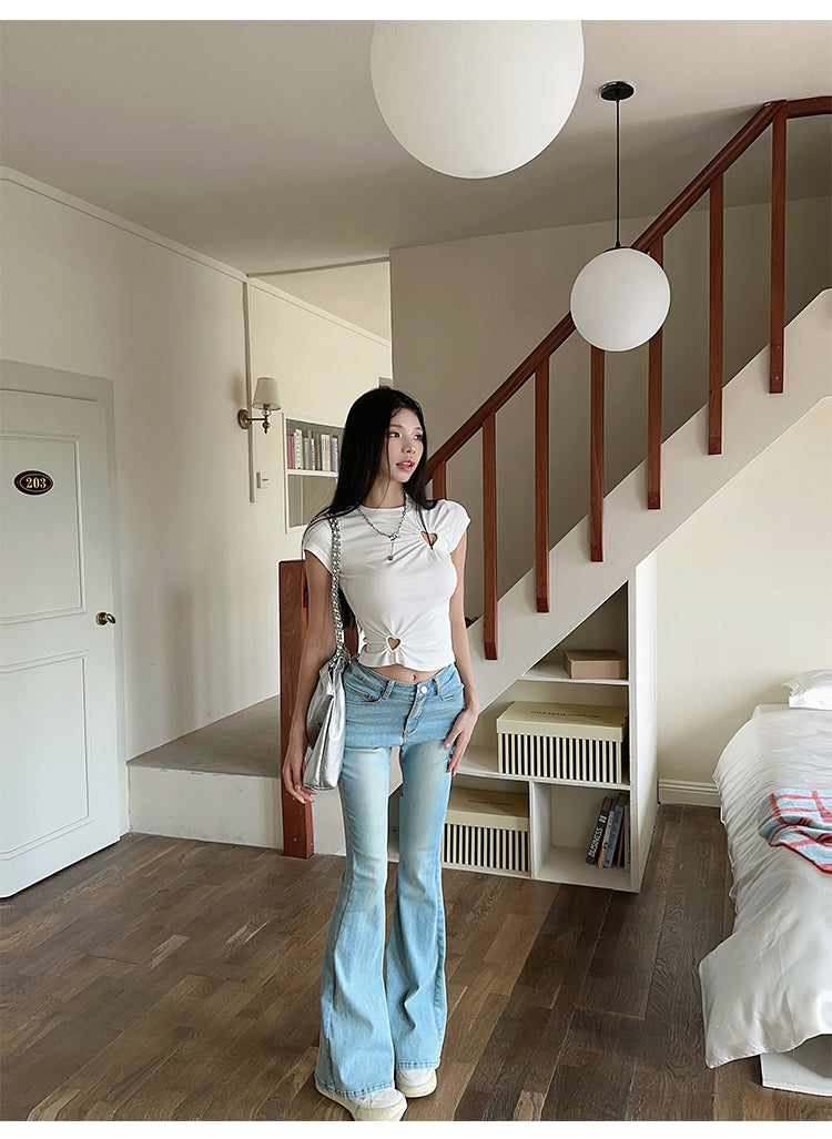 Cut Out Niche Style slim round Neck Top T-shirt with Short Sleeves for woman