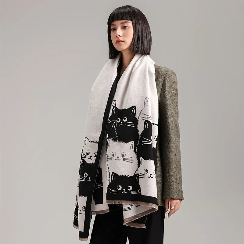 New Fashion Cute Cat Ladies' Jacquard Pashmina Cashmere Scarf Winter Thick Warmth Shawl Coldproof Windproof Blanket Scarf