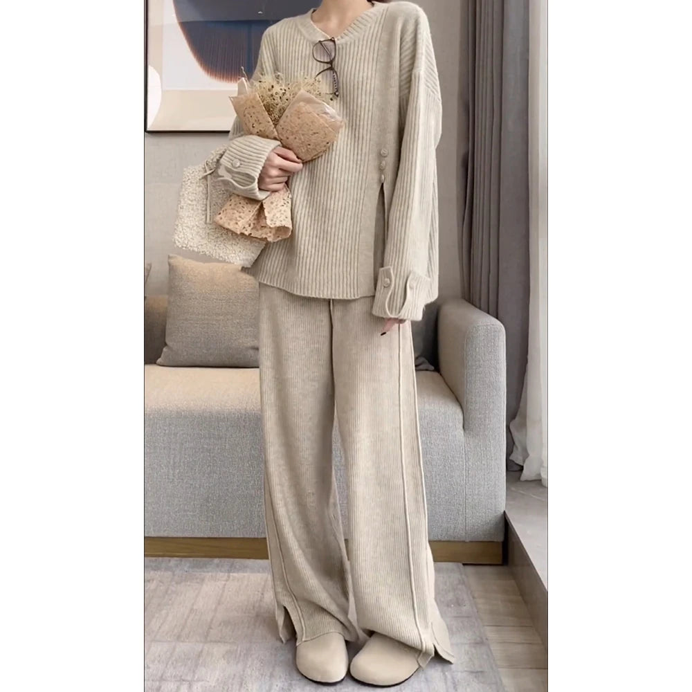 REALEFT Autumn Winter 2 Pieces Women's Sets Knitted Tracksuit Button O-Neck Split Sweater and Straight Jogging Pants Suit