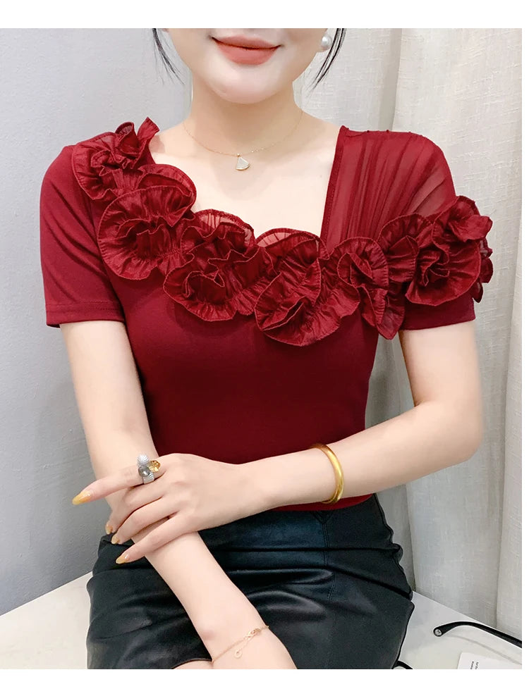 Summer Cotton T-shirts Chic Asymmetric Neckline Off-Shoulder Ruffle Trim Slim Fit Tee Exclusive Boutique Women's Casual Top