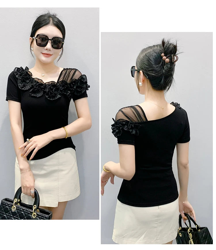Summer Cotton T-shirts Chic Asymmetric Neckline Off-Shoulder Ruffle Trim Slim Fit Tee Exclusive Boutique Women's Casual Top