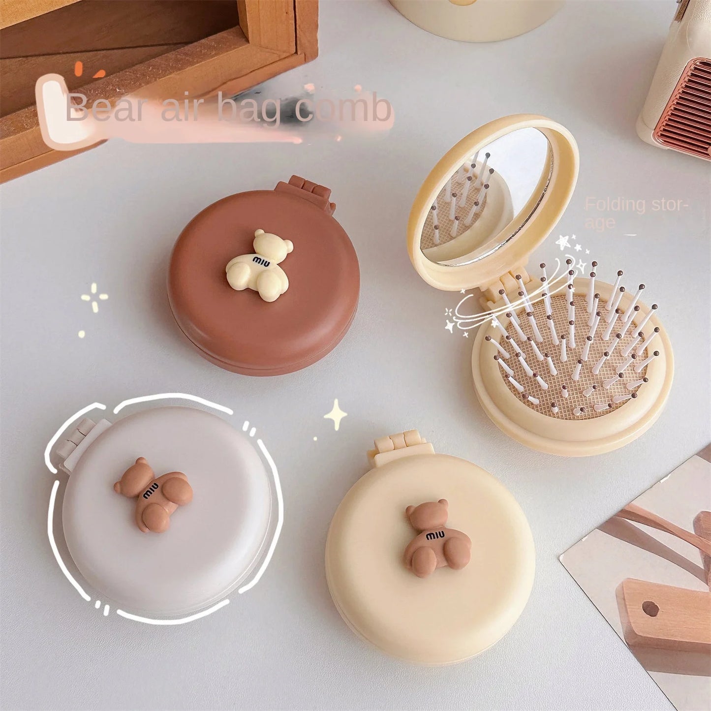 Mini Cute Foldable Head Massager Cartoon Air Bag Hair Comb Air Cushion Comb with Makeup Mirror Portable Hair Styling Comb Tools