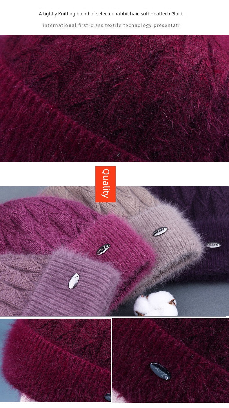 Winter Middle-Aged and Elderly People's Hats Female Ladieswear Rabbit Fur Knitted Warm Hat Women Woolen Cap Grandma Fleece-lined Cotton-Padded Cap
