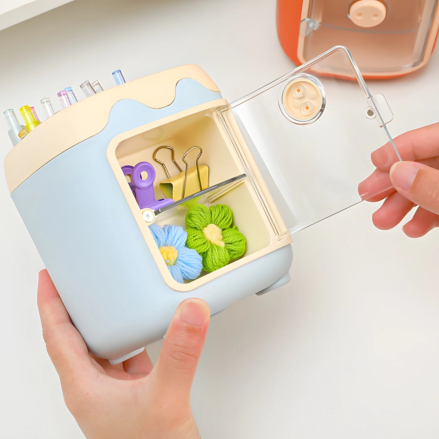 Pen Holder Pencil Organizer with Drawer, Cosmetic Makeup Brushes Holder for Dressing Table, Pig Nose Cute Pen Holder Office