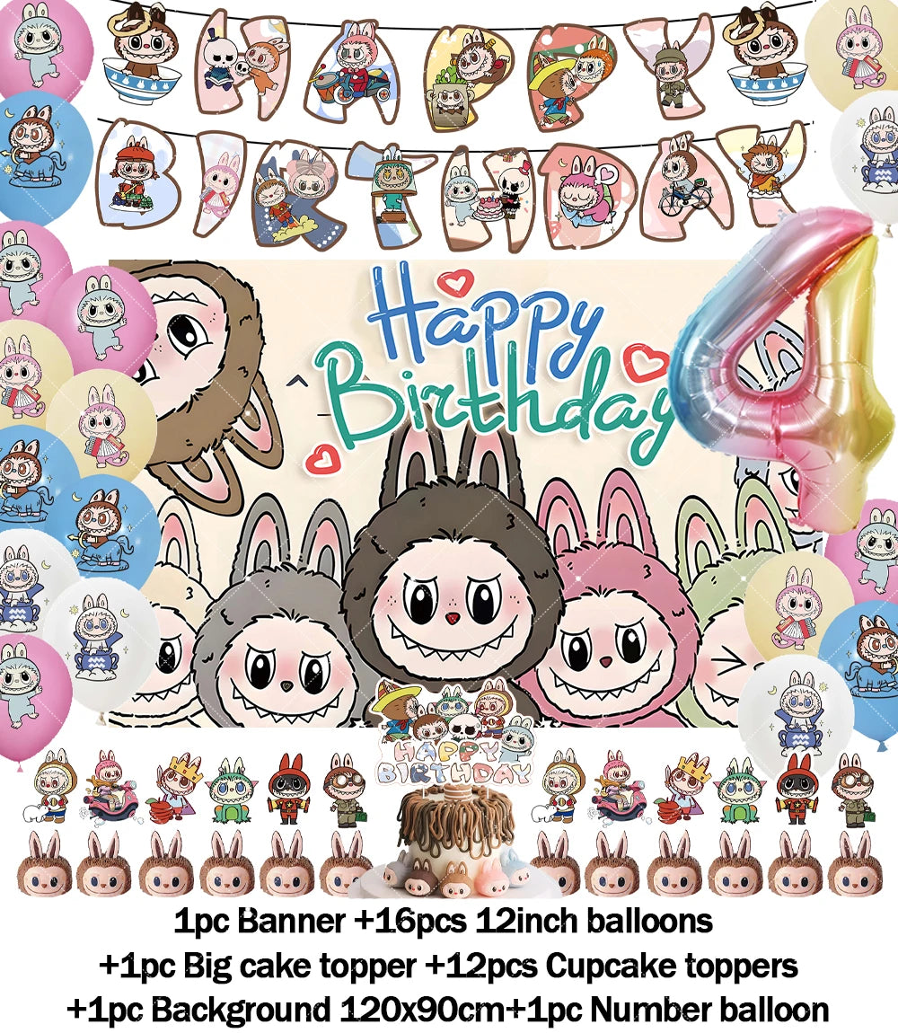 Cartoon LABUBU Theme Kids Birthday Party Banner Background Cake Topper Number Balloon Decoration Props Baby Party Supply Gifts
