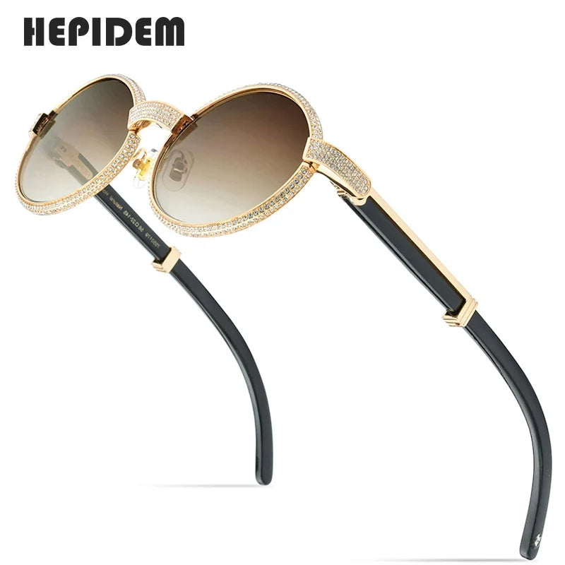 HEPIDEM High Quality Men Buffs Sunglasses Square Luxury Brand Design Diamond Sumptuous Sun Glasses Women Buffalo Horn Glasses