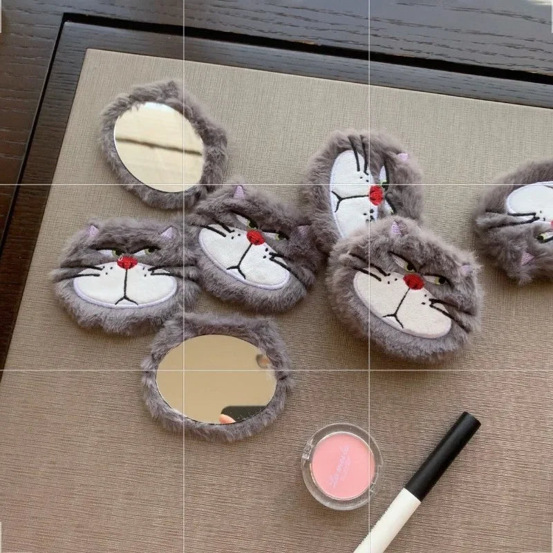 Lucifer Cat Boy and Girl Cartoon Cute Fun Creative Mini Portable Flip Double-Sided Foldable Plush Makeup Mirror for Students