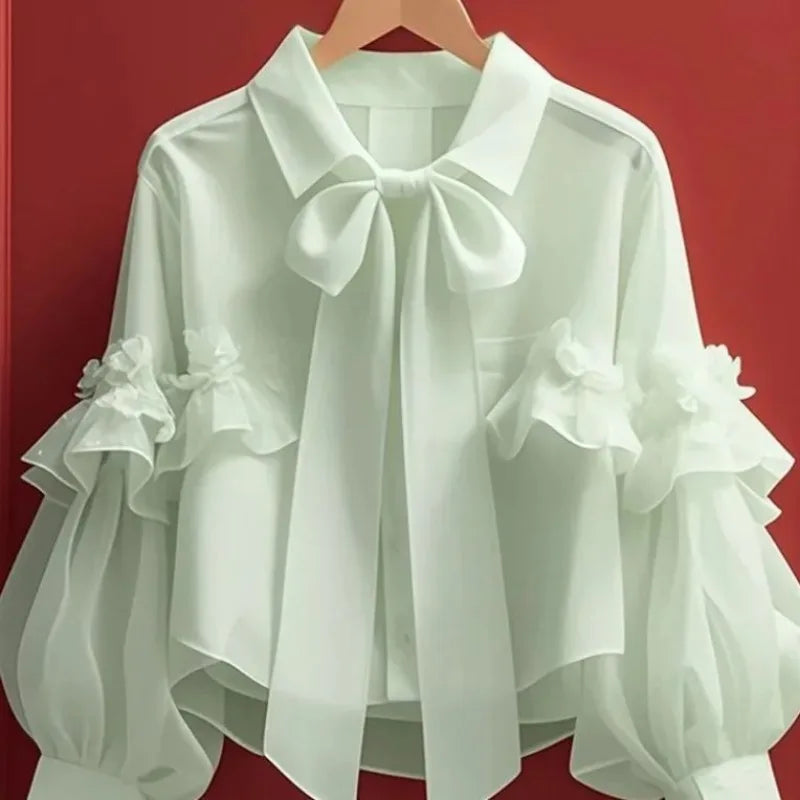OCEANLOVE Spring Autumn Bow Blouses Solid Ruffles Vintage Sweet Women Shirts Korean Fashion Puff Sleeve Elegant Camisas
