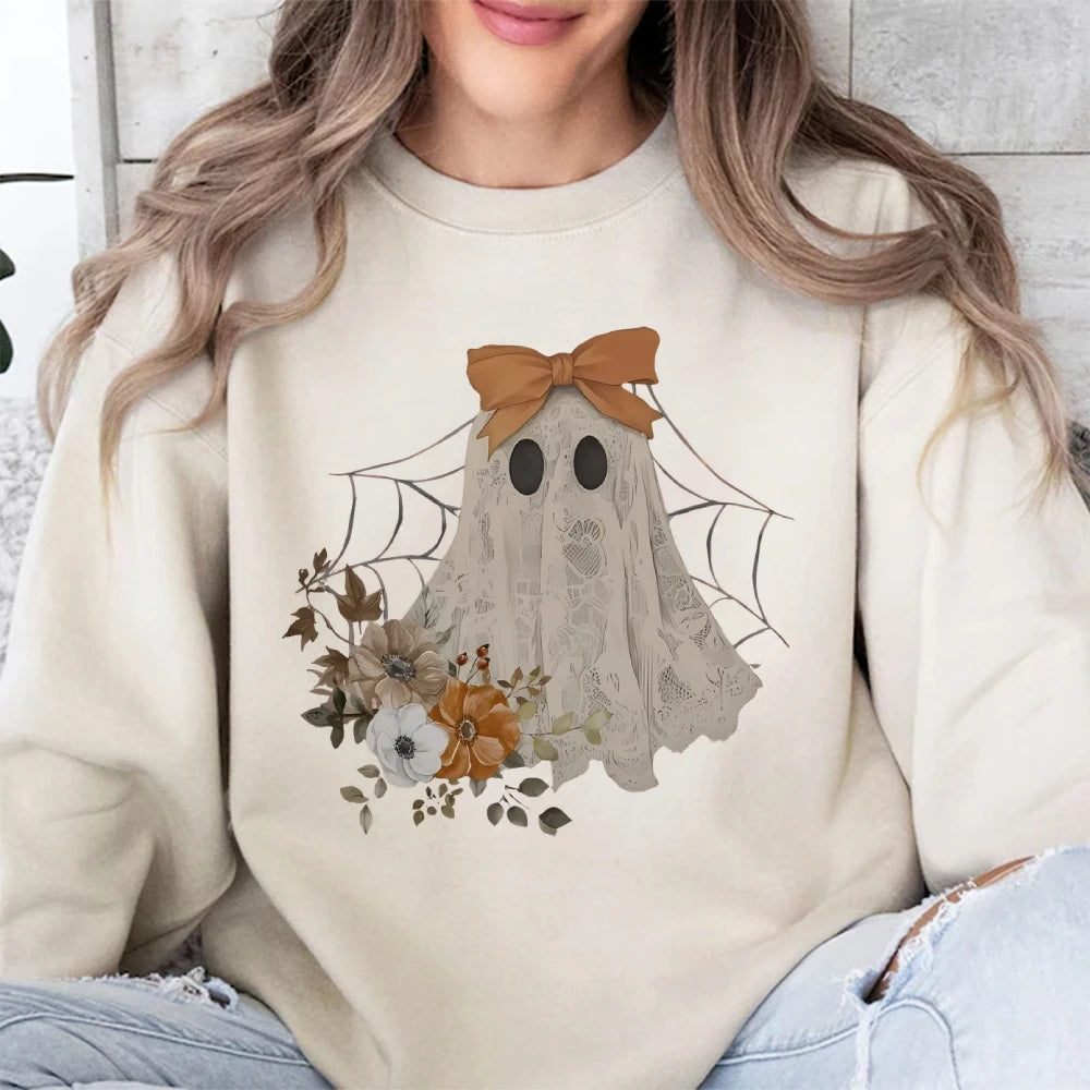 Loose Crew Neck Hoodie Cotton High Quality Soft Comfortable Halloween Cute Ghost Graphic Print Fashion Trend New Sweatshirt